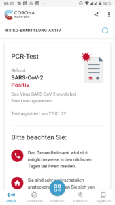 Corona-Warn-App mit Hinweis auf positives PCR-Test-Ergebnis